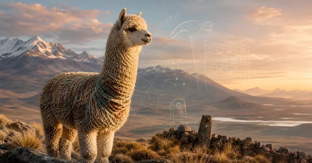 An alpaca on the Andean altiplano with subtle tool, network, and spreadsheet motifs in the sky